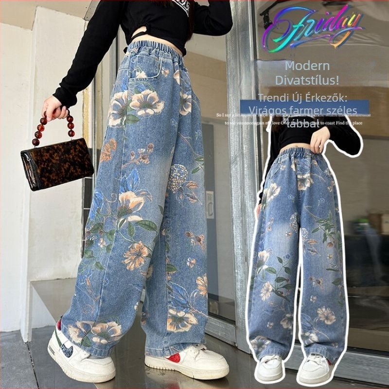 Lányoknak készült széles szárú farmernadrág, sokoldalú stílus, vinylon szálú denim