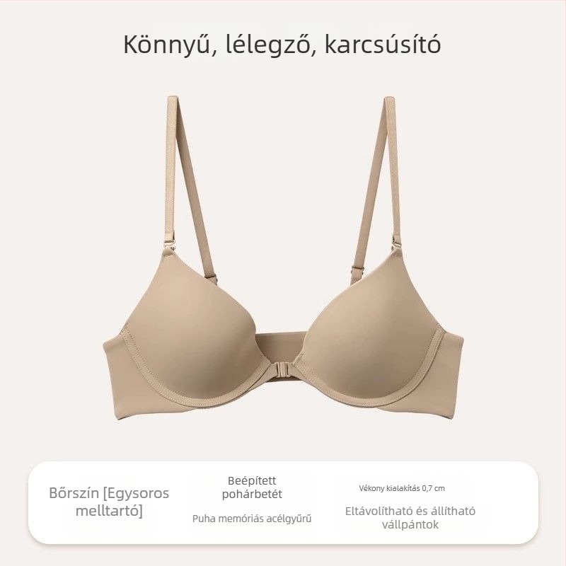 Push-Up melltartó elülső zárással, acélgyűrűvel, 3/4-es vékony formázott kosarak, levehető dupla vállpántok, láthatatlan hát, nylon