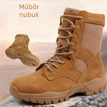 Férfiaknak szánt vízálló kültéri bakancsok, légáteresztő, csúszásmentes talp, magas szár, velúr felső rész bőr panellel, textil belső talp, 3–5 cm klín