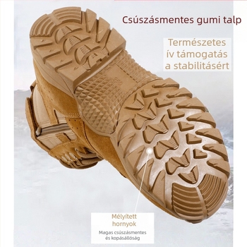 Férfiaknak szánt vízálló kültéri bakancsok, légáteresztő, csúszásmentes talp, magas szár, velúr felső rész bőr panellel, textil belső talp, 3–5 cm klín