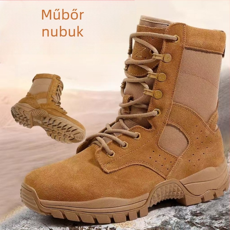 Férfiaknak szánt vízálló kültéri bakancsok, légáteresztő, csúszásmentes talp, magas szár, velúr felső rész bőr panellel, textil belső talp, 3–5 cm klín