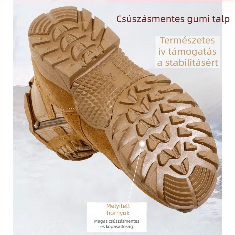 Férfiaknak szánt vízálló kültéri bakancsok, légáteresztő, csúszásmentes talp, magas szár, velúr felső rész bőr panellel, textil belső talp, 3–5 cm klín