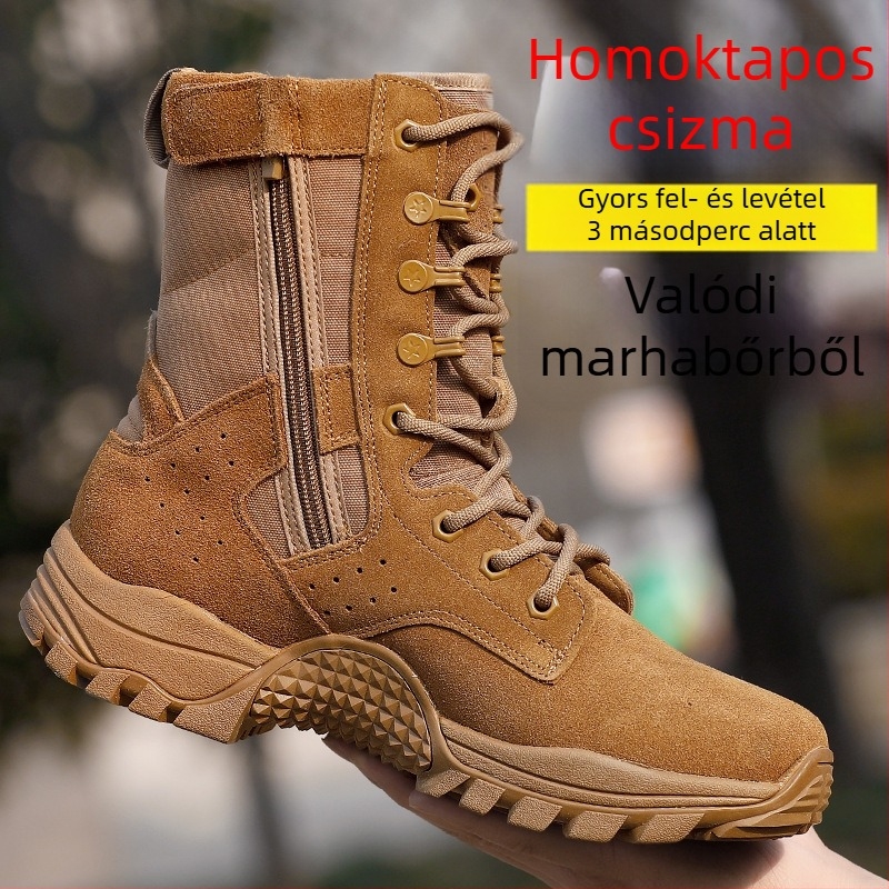 Férfiaknak szánt vízálló kültéri bakancsok, légáteresztő, csúszásmentes talp, magas szár, velúr felső rész bőr panellel, textil belső talp, 3–5 cm klín