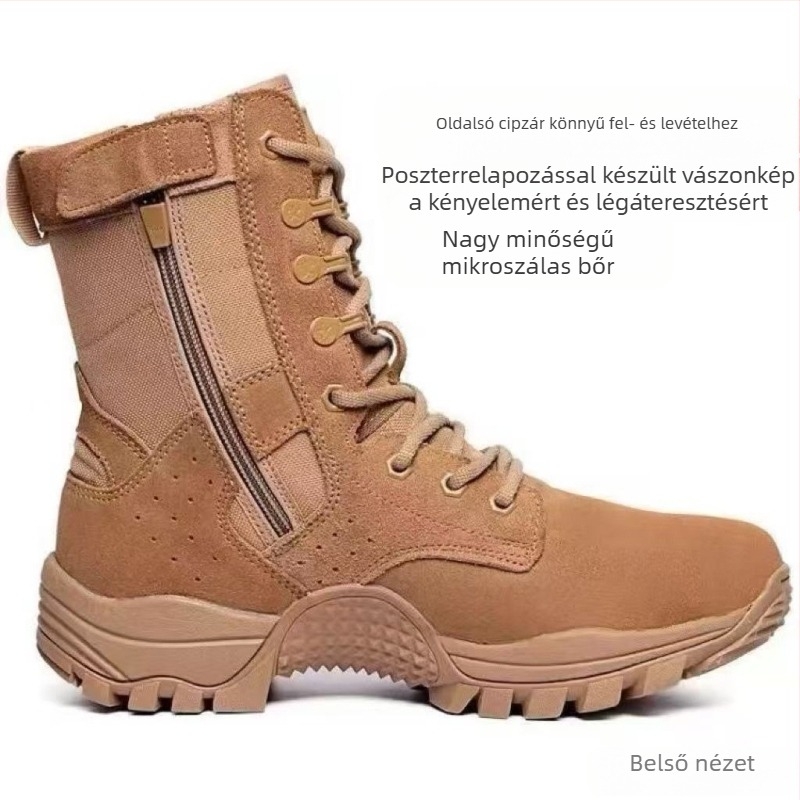 Férfiaknak szánt vízálló kültéri bakancsok, légáteresztő, csúszásmentes talp, magas szár, velúr felső rész bőr panellel, textil belső talp, 3–5 cm klín