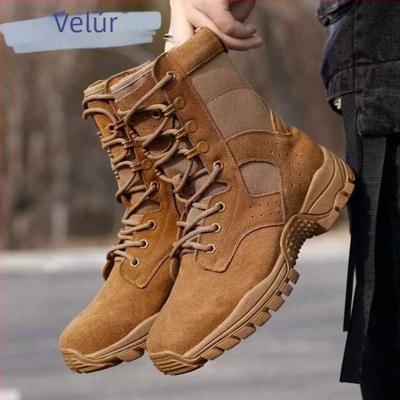 Férfiaknak szánt vízálló kültéri bakancsok, légáteresztő, csúszásmentes talp, magas szár, velúr felső rész bőr panellel, textil belső talp, 3–5 cm klín