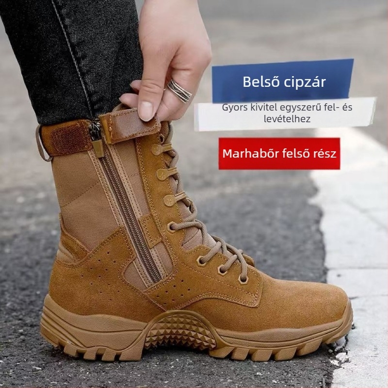 Férfiaknak szánt vízálló kültéri bakancsok, légáteresztő, csúszásmentes talp, magas szár, velúr felső rész bőr panellel, textil belső talp, 3–5 cm klín