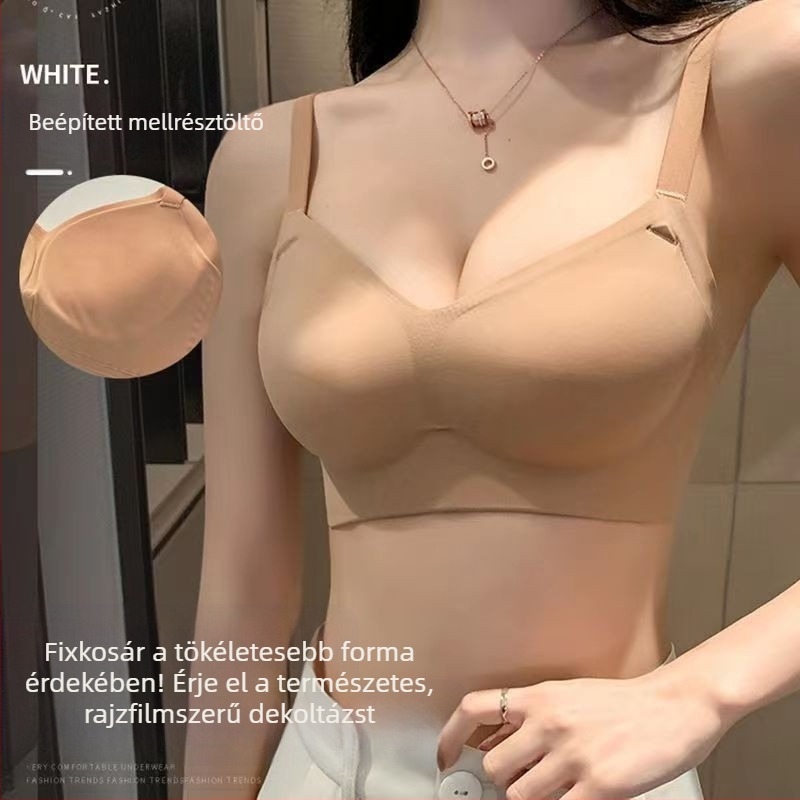 Melltartó fémvájat nélküli, formázott kosarakkal, felső rész vékony, alsó rész vastag; fő anyag nylon, bélés spandex; fix dupla vállpántok; hátul három sor csattal