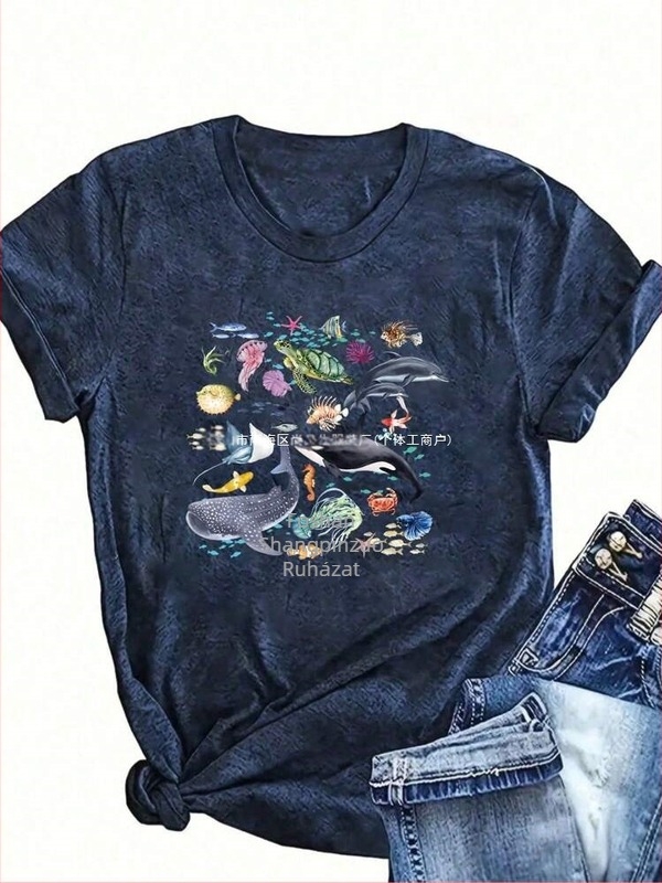 Óceánmintás lazán szabott rövidujjú póló, kerek nyakú, Nylon 95%+ Milk Silk hatás, hossz 50–65 cm, japán-koreai lazább stílus