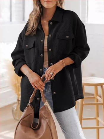 Női közepes hosszúságú kardigán-ing, egyszínű, gallérral, hosszú ujjú, poliészter-elasztán anyag, kolázsvarrás