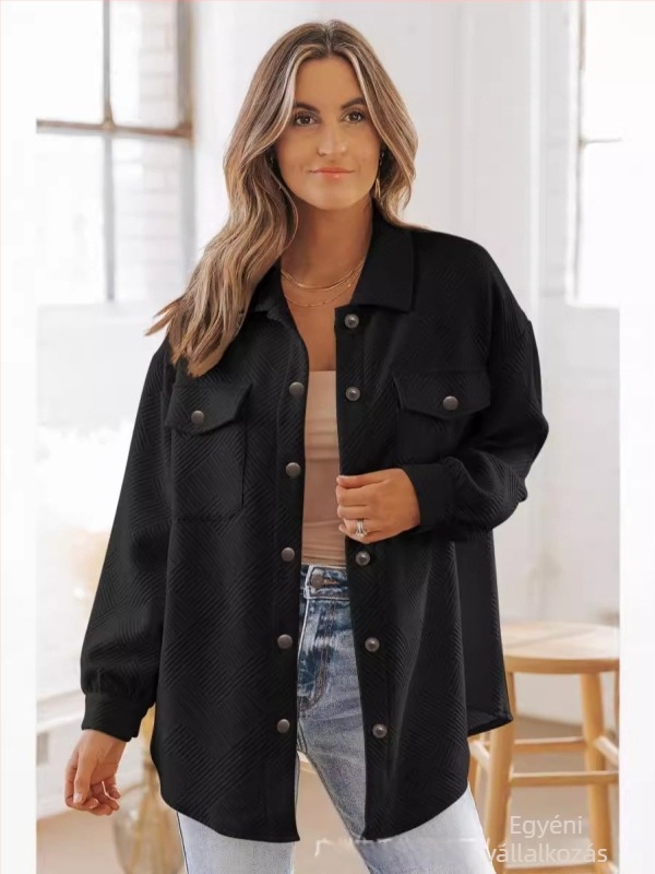 Női közepes hosszúságú kardigán-ing, egyszínű, gallérral, hosszú ujjú, poliészter-elasztán anyag, kolázsvarrás