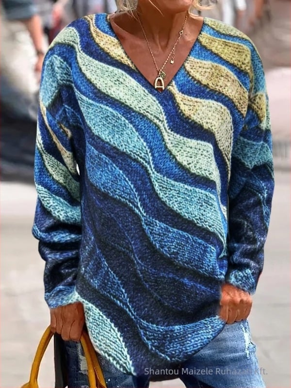 Női V-nyakú jacquard pulóver, karcsú szabás, poliészter anyag