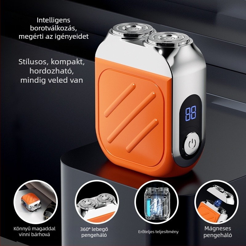 Elektromos arcszőrzetvágó, forgó fejű, két pengével, beépített 500–800 mAh akkumulátor, akár 40 perc működés, újratölthető, mosható fej