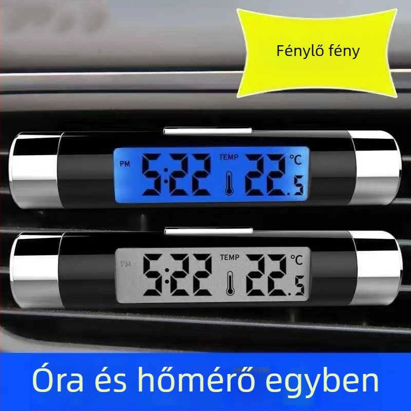 Autóba való elektronikus hőmérséklet- és páratartalom mérő fénylő LCD kijelzővel és állítható szögű kialakítással
