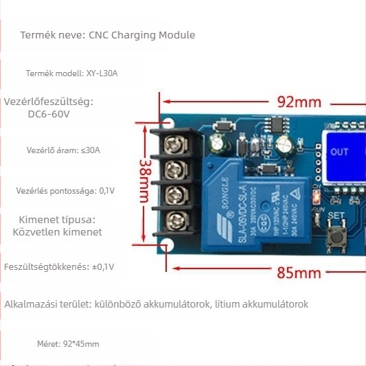 XY-L30A Akkumulátor Töltésvezérlő Modul Digitális Túltöltésvédelmi Funkcióval, 6-60V