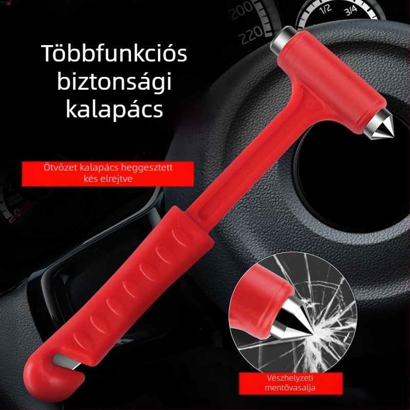 Autós biztonsági kalapács, Security márkájú, műanyag és fém testtel, többfunkciós mentőeszköz, ablaknyitó