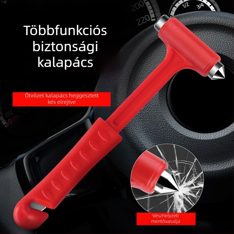 Autós biztonsági kalapács, Security márkájú, műanyag és fém testtel, többfunkciós mentőeszköz, ablaknyitó