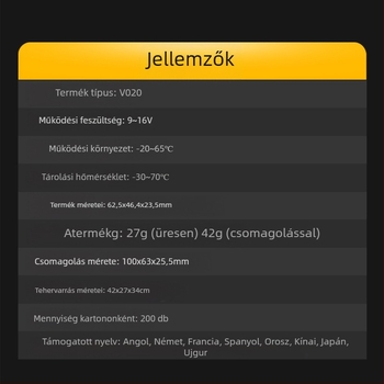 OBD2 motordiagnosztikai műszer, V020 modell, 9–16 V, -20–65°C, univerzális kompatibilitás