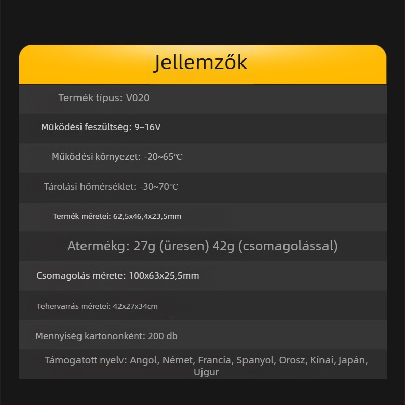 OBD2 motordiagnosztikai műszer, V020 modell, 9–16 V, -20–65°C, univerzális kompatibilitás