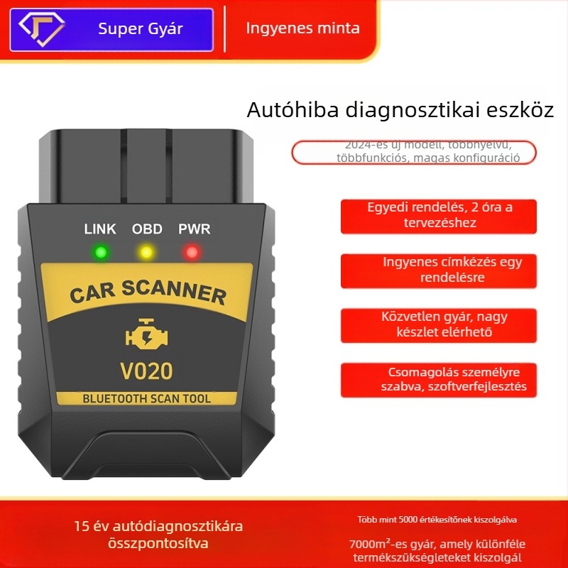 OBD2 motordiagnosztikai műszer, V020 modell, 9–16 V, -20–65°C, univerzális kompatibilitás