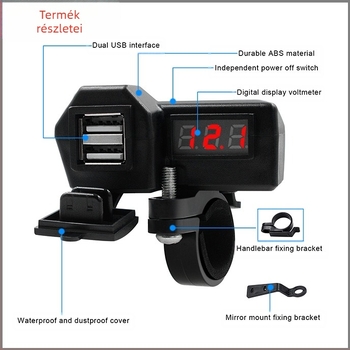 ONEGOL GG-1072 Motorkerékpártelefon töltő, 3,4 A két USB, 10-24V dohánygyújtó, feszültség kijelző, univerzális kompatibilitás