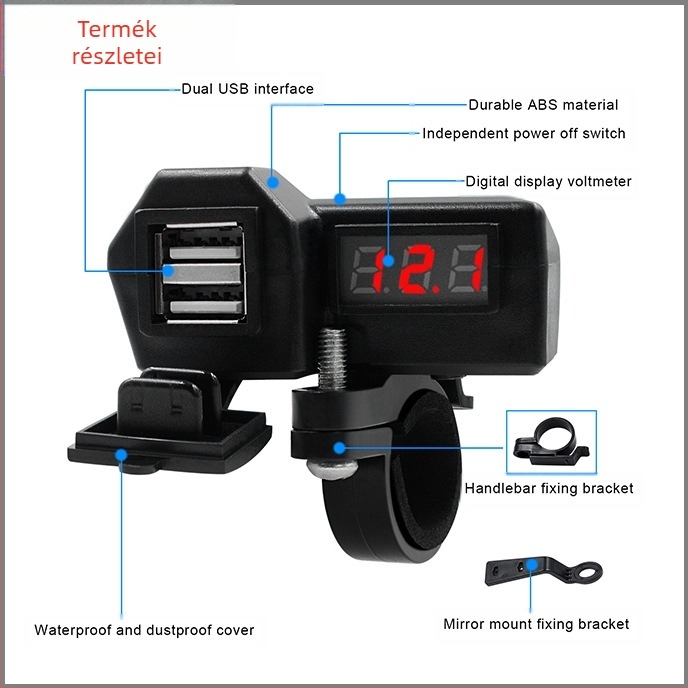 ONEGOL GG-1072 Motorkerékpártelefon töltő, 3,4 A két USB, 10-24V dohánygyújtó, feszültség kijelző, univerzális kompatibilitás