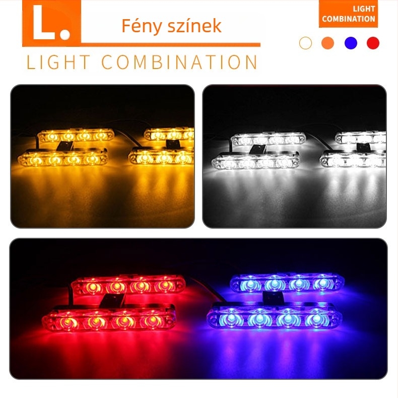 LED autó- és teherautó grilles lámpa távirányítóval, stroboszkóp fény, 12V, 9W, 1000 lm, modell 608