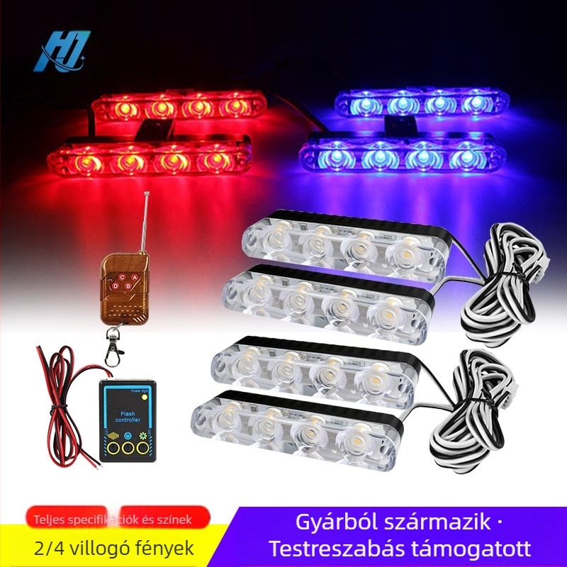 LED autó- és teherautó grilles lámpa távirányítóval, stroboszkóp fény, 12V, 9W, 1000 lm, modell 608