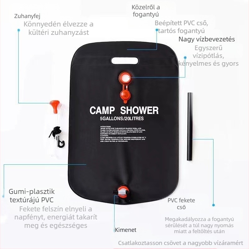 Kültéri összecsukható víztáska napelemes fűtéssel, PVC, 20 L kapacitás, hordozható zuhany és víztároló