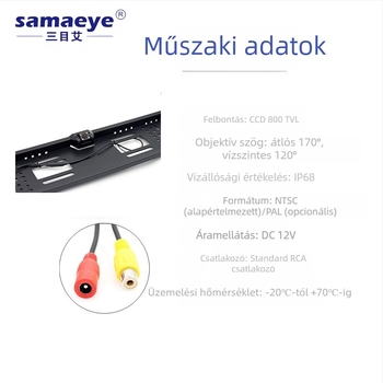 Rendszámkerethez tartozó hátsó kamera — 800x480, CVBS CCD, 12V, 60° szög, IP68