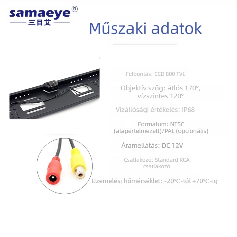 Rendszámkerethez tartozó hátsó kamera — 800x480, CVBS CCD, 12V, 60° szög, IP68