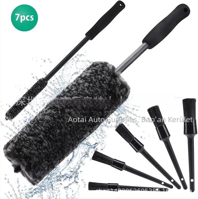 7 darabos kerékagy kefekészlet gyapjú rostokkal az autó réséinek tisztításához (PP + rost + EVA)