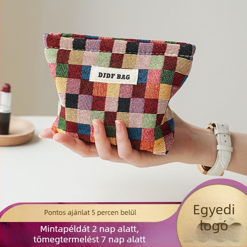 Vászon sminktáska kockás mintával, kézitáska-stílus, légáteresztő és antibakteriális, poliészter bélés, nőknek