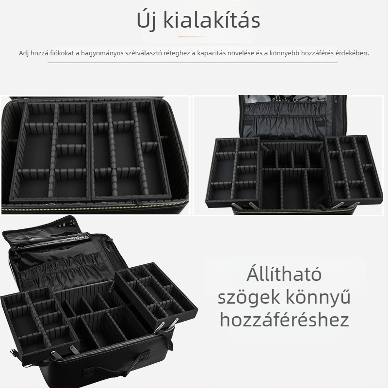 Könnyen hordozható nagy kapacitású kozmetikai táska professzionális sminkmestereknek, multifunkcionális tároló a sminkhez, körömhöz és tetováláshoz, cipzár, PU anyag, tömeg 2 kg, bővítő réteg