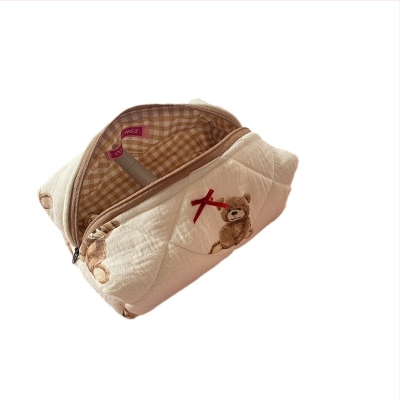 Medve karikatúra mintás kozmetikai és toalett táska, nagy kapacitású, pamut anyag, pamut bélés, vízálló, Youzhi márka