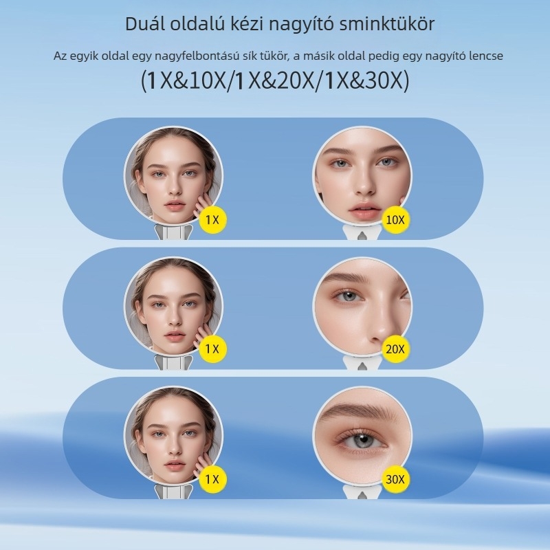 Kézben tartható, kétoldalas sminktükör, 10x/20x/30x/40x nagyítás, hajtogatható