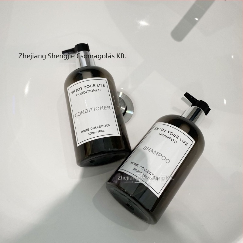 Ins-stílusú műanyag pumpás palack kozmetikai folyadékokhoz (sampon, testápoló, balzsam, kézfertőtlenítő, mosófolyadék) — PET anyag, PET blow molding gyártás, pumpás fedél, falvastagság 0.2–1 mm, 250–500 ml kapacitás, logó nyomtatás