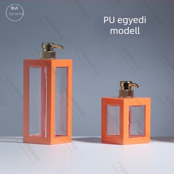 PET samponos üveg, négyzet alakú, pumpafej, fröccsöntéses kivitel, szitanyomott felület.