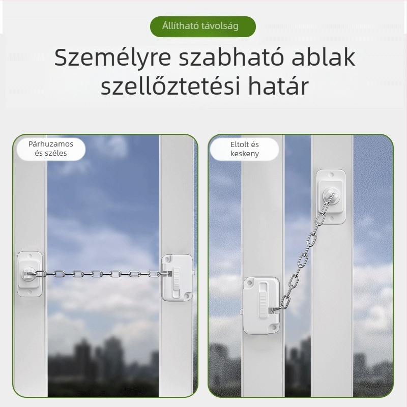Többcélú biztonsági zár ablakokhoz és ajtókhoz lánccal, ajtóstop, lyukasztás nélküli telepítés, gyermekbiztonság