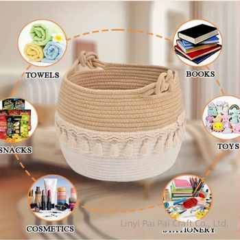 Piszkos ruhák kosara pamutkötélből, bojtokkal, minimalist stílus, származás: Linyi