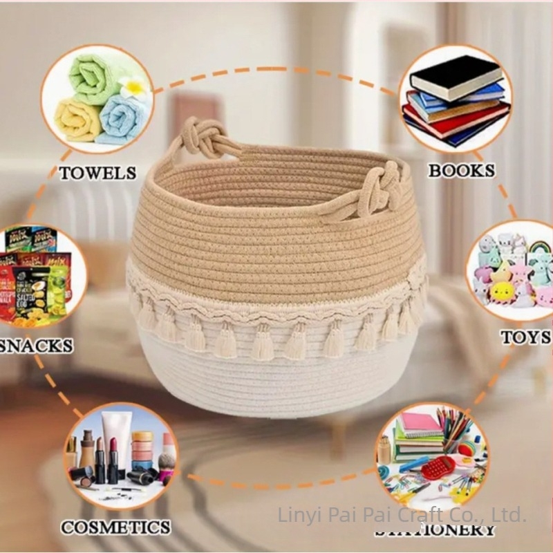 Piszkos ruhák kosara pamutkötélből, bojtokkal, minimalist stílus, származás: Linyi