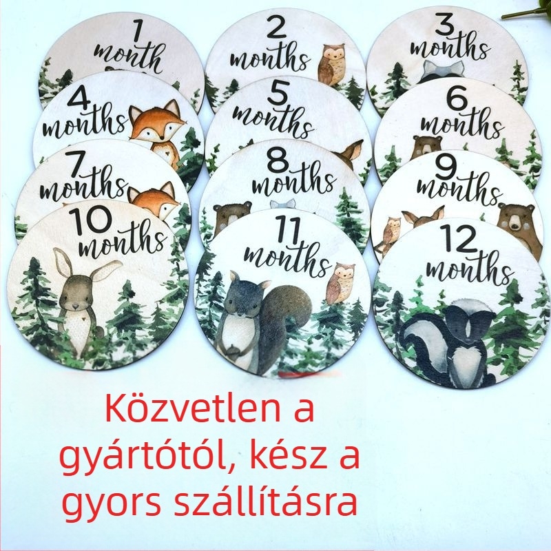 Kör alakú, fából készült babamérföldkő fotó kellék erdő állatos mintával, születési év és hónap, kétoldalas nyomtatás