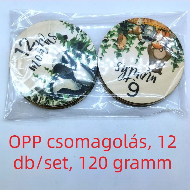 Kör alakú, fából készült babamérföldkő fotó kellék erdő állatos mintával, születési év és hónap, kétoldalas nyomtatás