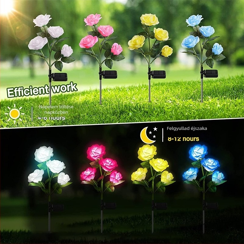 Napelemes 4 fejű rózsa LED kerti világítás, IP65 vízálló, kültéri tájvilágítás, 6–12 óra üzemidő, 1.2V, élettartam 15 000 000 óra