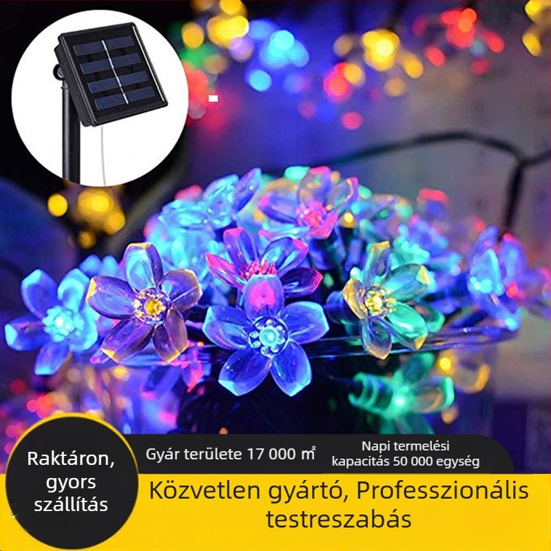 Napelemes LED virágos fényfüzér, 50 LED, 8 funkciók, kert dekoráció
