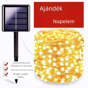 LED napelemes rézdrót világítás, kültéri kertvilágítás, vízálló dekorációs fényfüzér, 100 LED, IP65, kempingezéshez