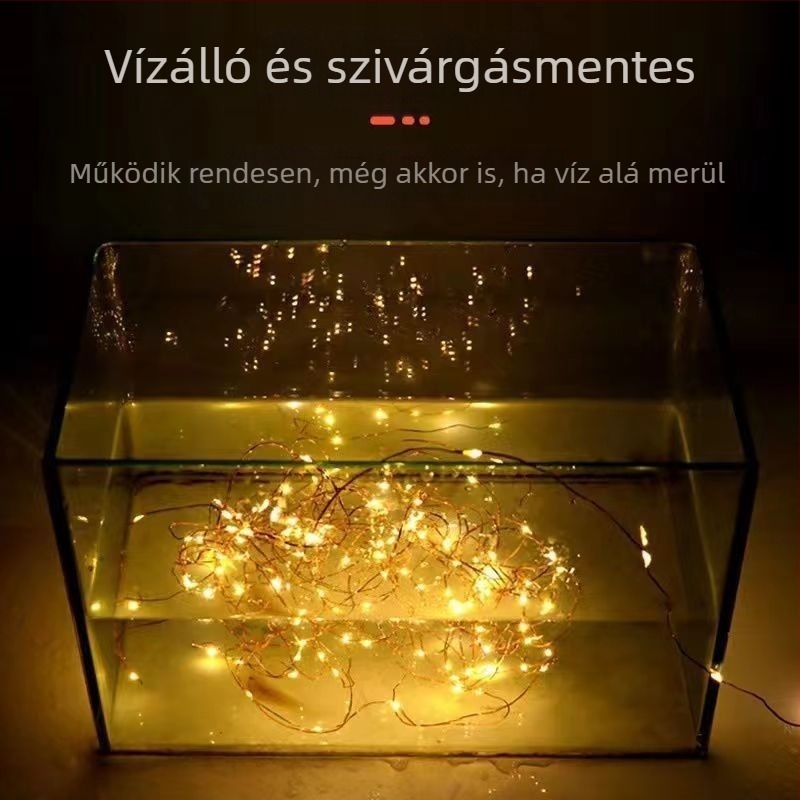 LED napelemes rézdrót világítás, kültéri kertvilágítás, vízálló dekorációs fényfüzér, 100 LED, IP65, kempingezéshez