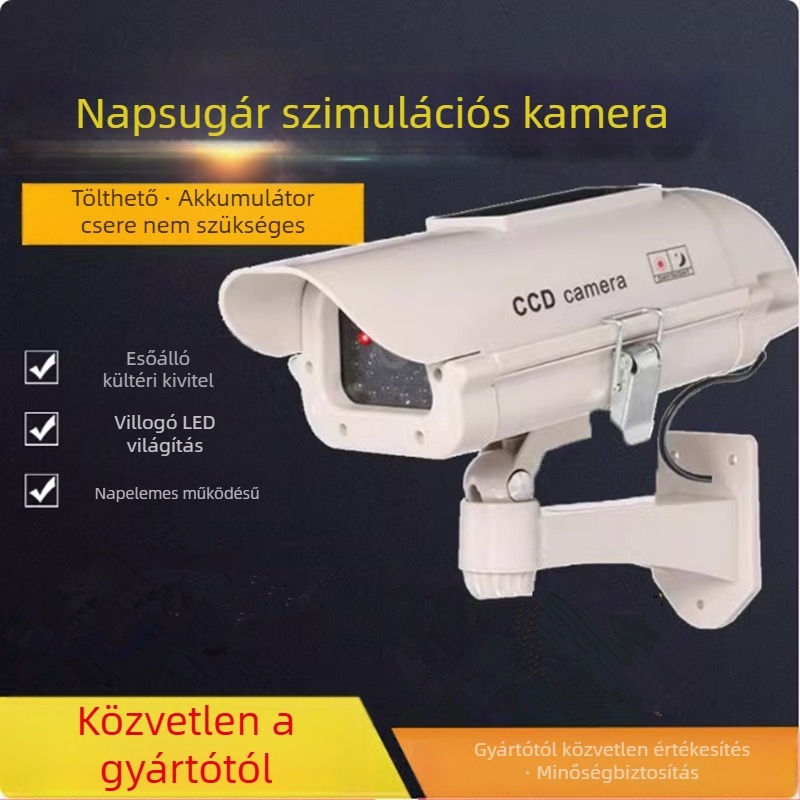 Napelemes hamis megfigyelő kamera, 2,4 mm objektív, IR hatótávolság 60 m, beltéri és kültéri használatra, 3V táplálás