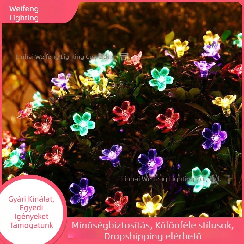 Napelemes őszibarackvirág fényfüzér, 50 LED, modell 2202, PVC ház, 2500–3000 lm, IP55, kültéri dekoráció