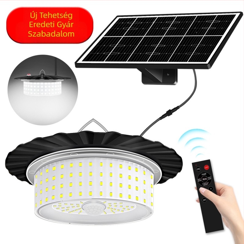 Napelemes függőlámpa mozgásérzékelővel és távirányítóval, LED 7W, IP65 vízálló, 5 m állítható magasság