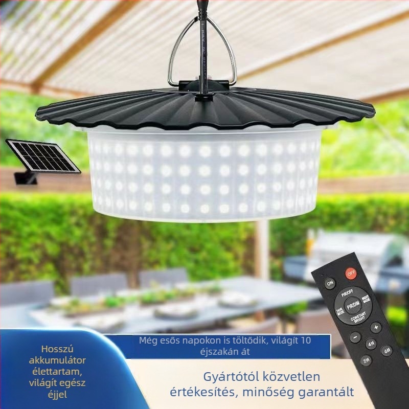 Napelemes függőlámpa mozgásérzékelővel és távirányítóval, LED 7W, IP65 vízálló, 5 m állítható magasság